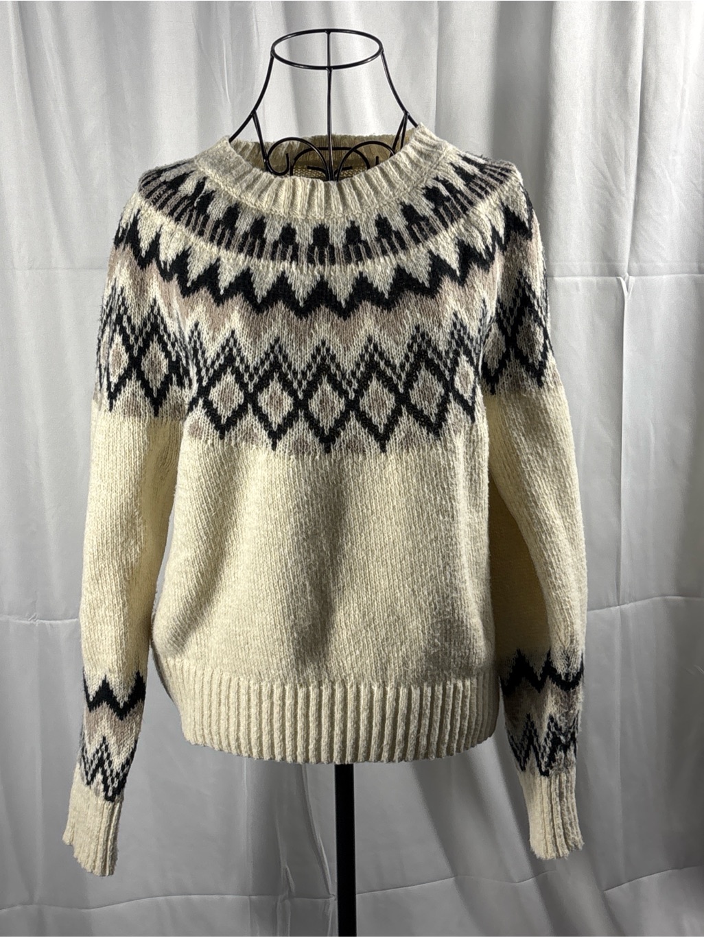 Lucky Brand Cream And Black Fair Isle Crewneck Sweater